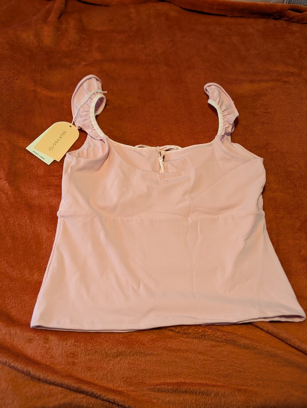 NWT Workout Athletic Pink Tank Top Ruffled Straps & Tie Neck Front Blogilates XL